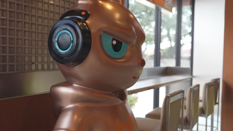 Bunny mascot statue wearing headphones by the window seating