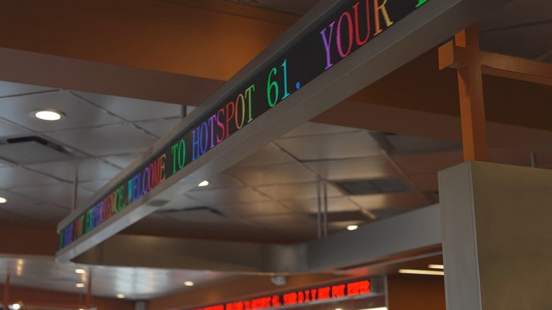 Scrolling LED sign welcoming guests to Hot Spot 61